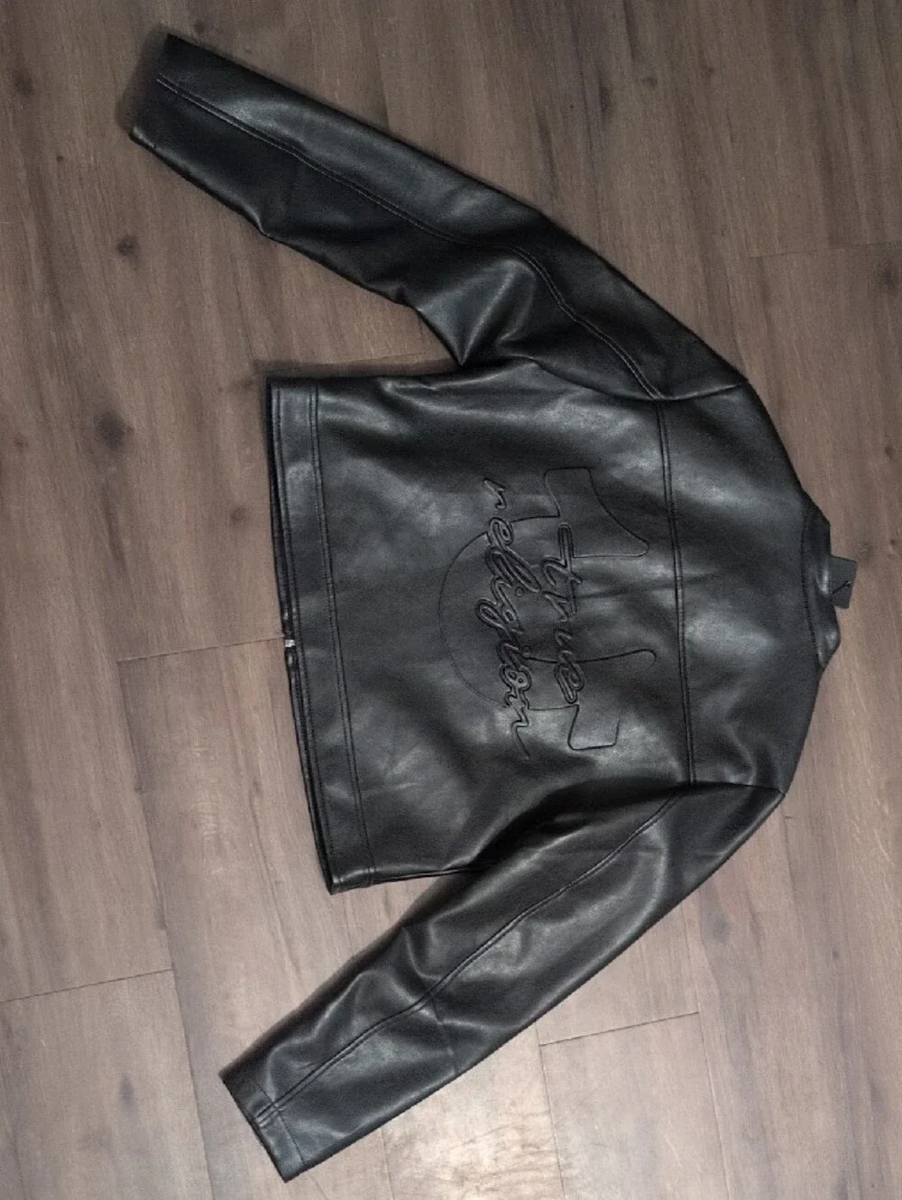 True Religion Black Leather Cropped Biker Jacket with White Racing Stripes